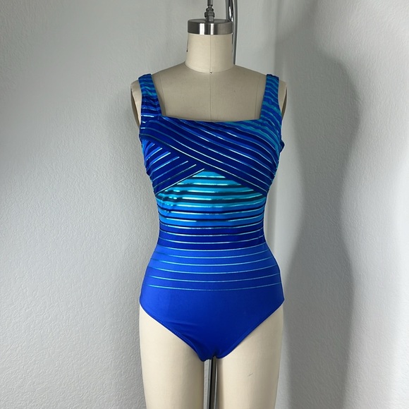 Gottex Cross Striped Ocean Riley Scoop back One Piece Wide Strap Tank Swim Suit - Picture 2 of 6
